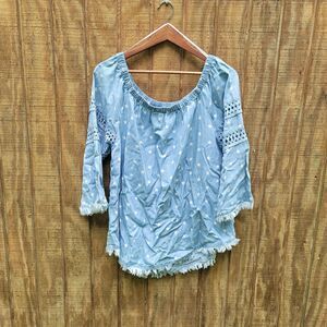 Tribal Jeans Womens Off The Shoulder Star Chambray Denim Blouse Womens Size L